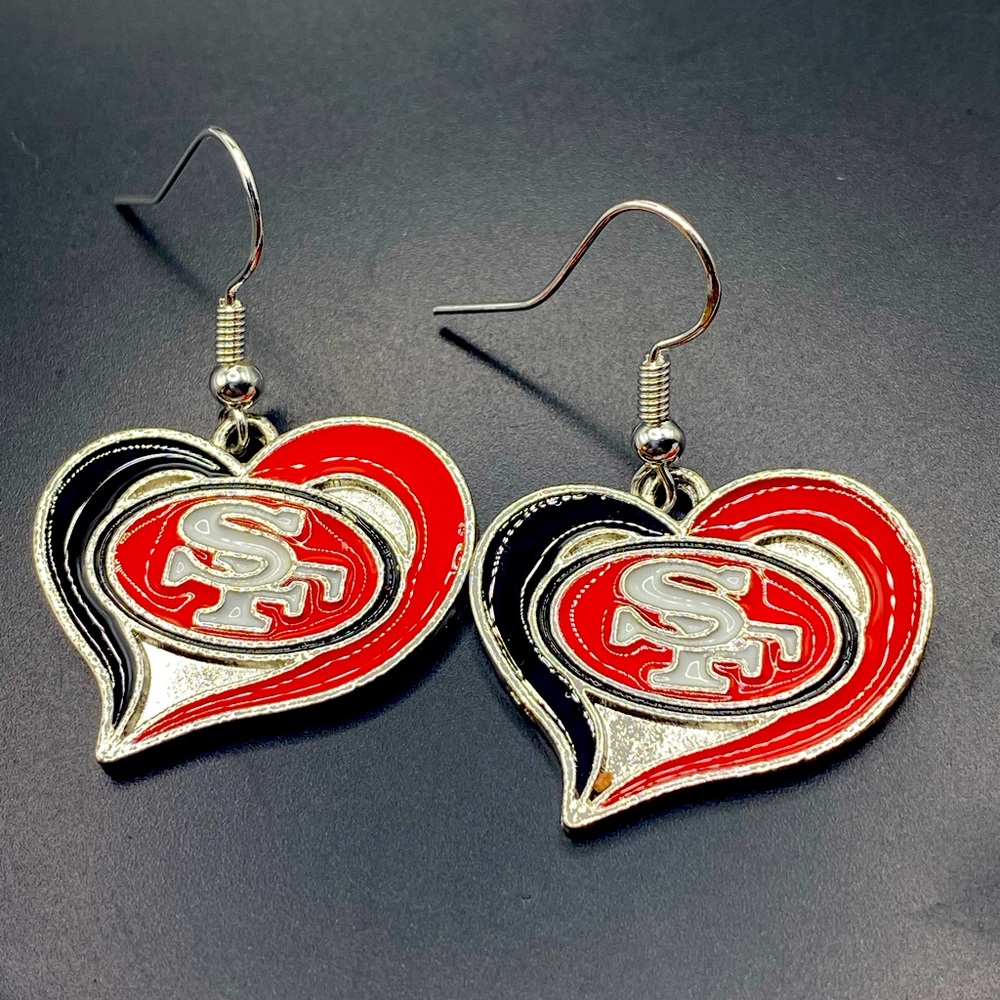 Ss hook red heart shaped San Fransisco 49rs silvertone earrings